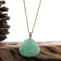 Baikalla Jewelry Jade Pendant Natural Burmese Jadeite Jade "Laughing Buddha" With 14k Yellow VS1 Diamond Bail