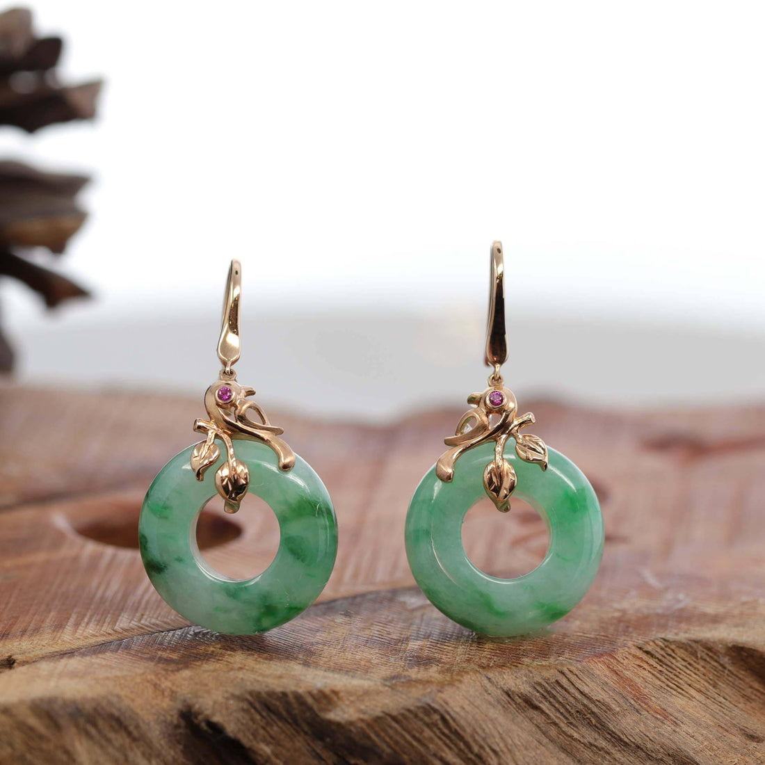 Baikalla Jewelry 18k Gold Jadeite Necklace 18k Rose Gold "Good Luck Birdie" genuine Green Jadeite Jade Earrings & Diamond