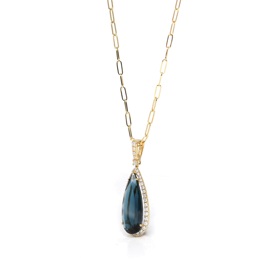 Baikalla Jewelry Gemstone Pendant Necklace 18k Yellow Gold Natural Navy Blue Topaz Pear Cut Necklace With Diamonds