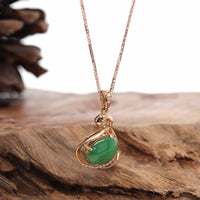Baikalla Jewelry 18k Gold Jadeite Necklace 18K Rose Gold "Swan" Imperial Jadeite Jade Cabochon Necklace with Diamonds
