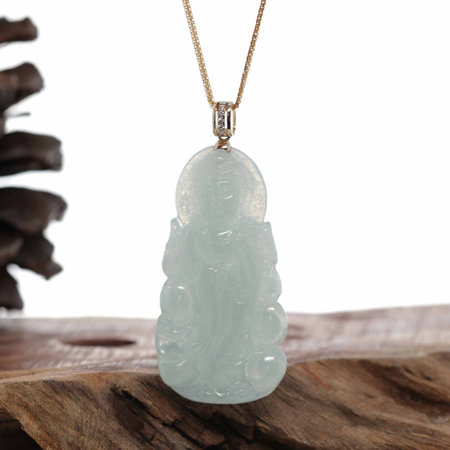Baikalla Jewelry Jade Guanyin Pendant Necklace Nylon String Necklace 14k Yellow Gold "Goddess of Compassion" Genuine Ice Burmese Jadeite Jade Guanyin Necklace With Gold Bail