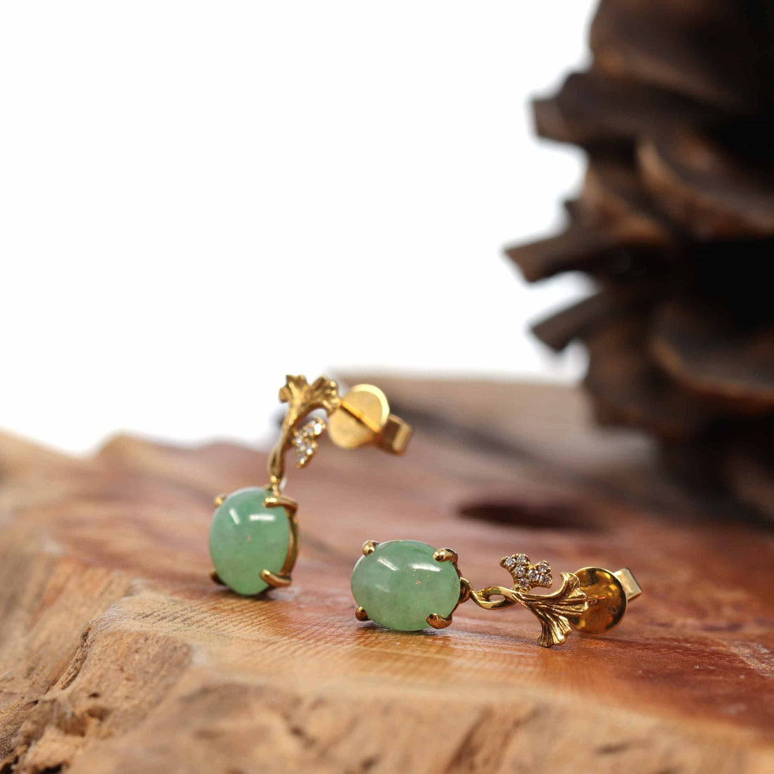 Baikalla Jewelry Gold Jade Earrings 18K Rose Gold "Apricot Blossom" Green Jadeite Jade Dangle Stud Earrings