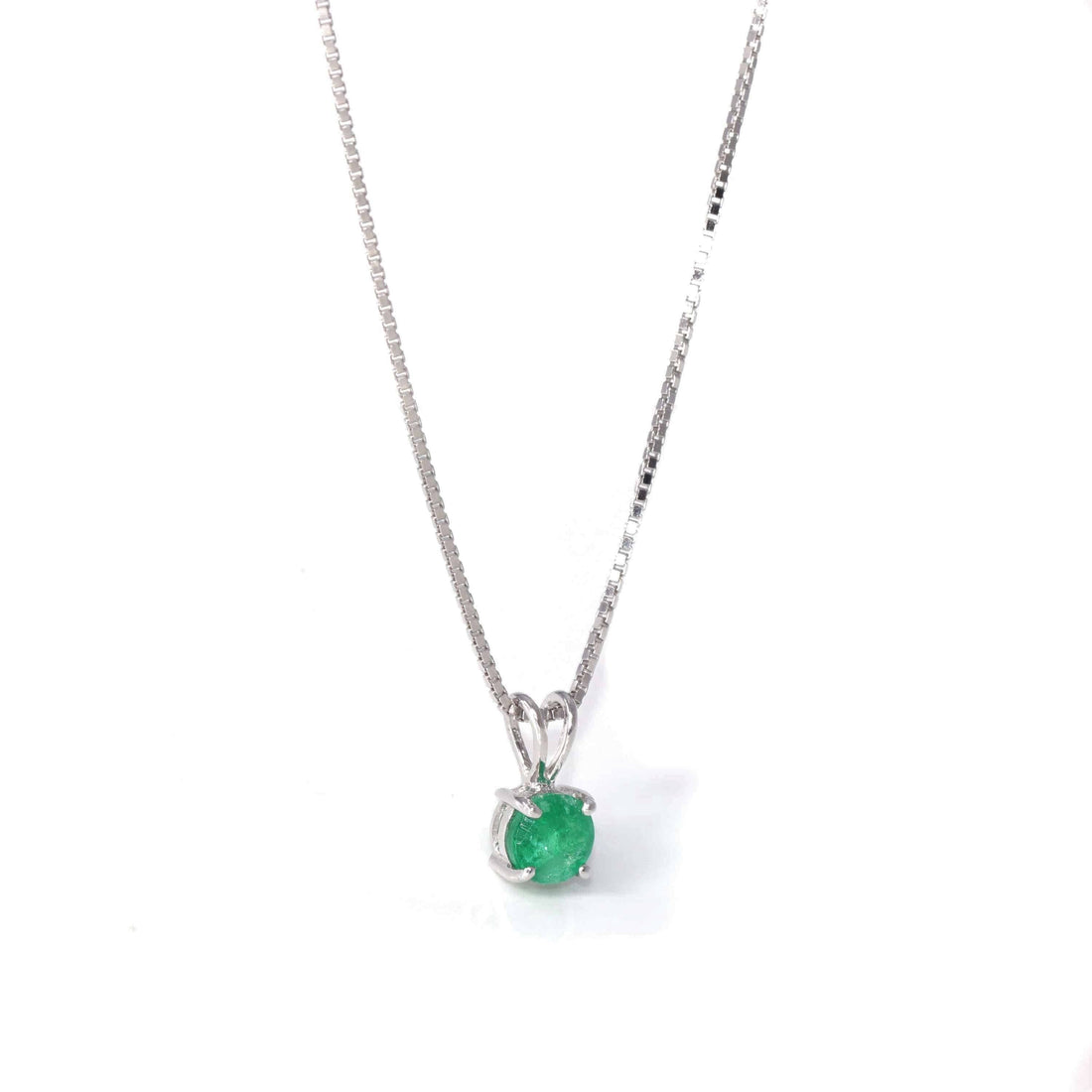 Baikalla Jewelry Gemstone Pendant Necklace Emerald Baikalla™ 14k White Gold Emerald Round 4 Prong Set Necklace With Diamond Halo