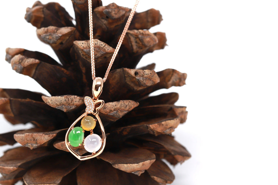 Baikalla Jewelry Gold Jadeite Necklace Baikalla™ "Money Sack" 18k Rose Gold Multi-Colored Jadeite Jade Diamond Pendant Necklace