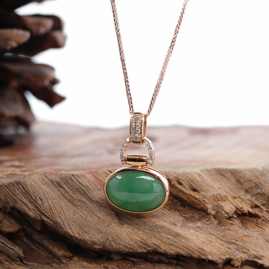 Baikalla Jewelry 18k Gold Jadeite Necklace Pendant Only 18K Rose Gold Oval Imperial Jadeite Jade Cabochon Necklace with Diamonds