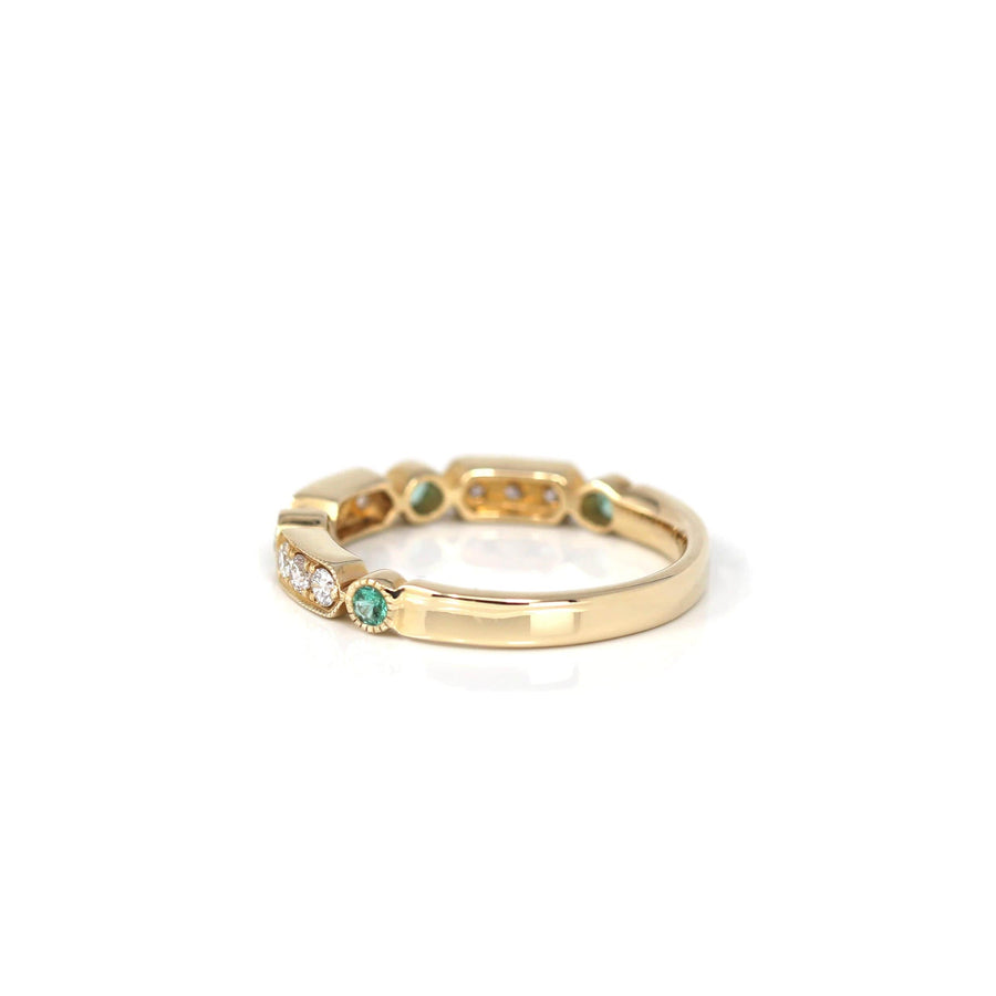 Baikalla Jewelry Gold Emerald Ring 14k Yellow Gold Natural Emerald 4 Stones Set Band Ring with Diamonds