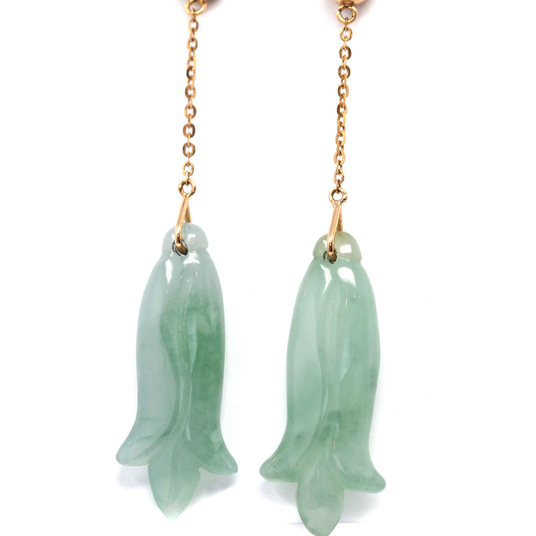 Baikalla Jewelry Gold Jade Earrings 18K Rose Gold "Magnolia Flower" Green Jadeite Jade Dangle Stud Earrings
