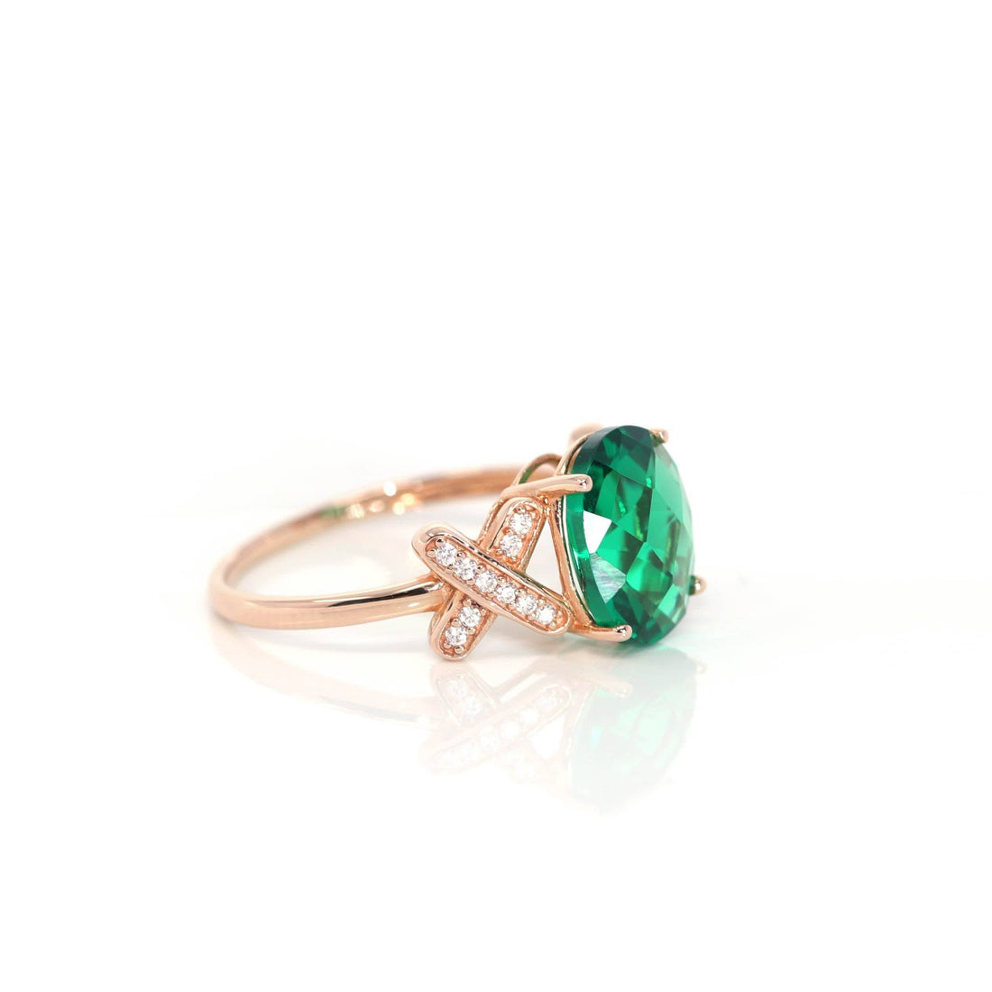 Baikalla Jewelry Gold Sapphire Ring 14k Rose Gold Lab-Created Emerald Ring With CZ