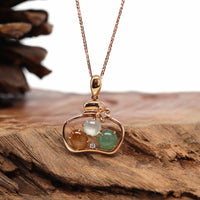 Baikalla Jewelry 18k Gold Jadeite Necklace 18K Rose Gold "Lucky Goodie Bottle" Multi-Color Jadeite Jade Cabochon Necklace with Diamonds