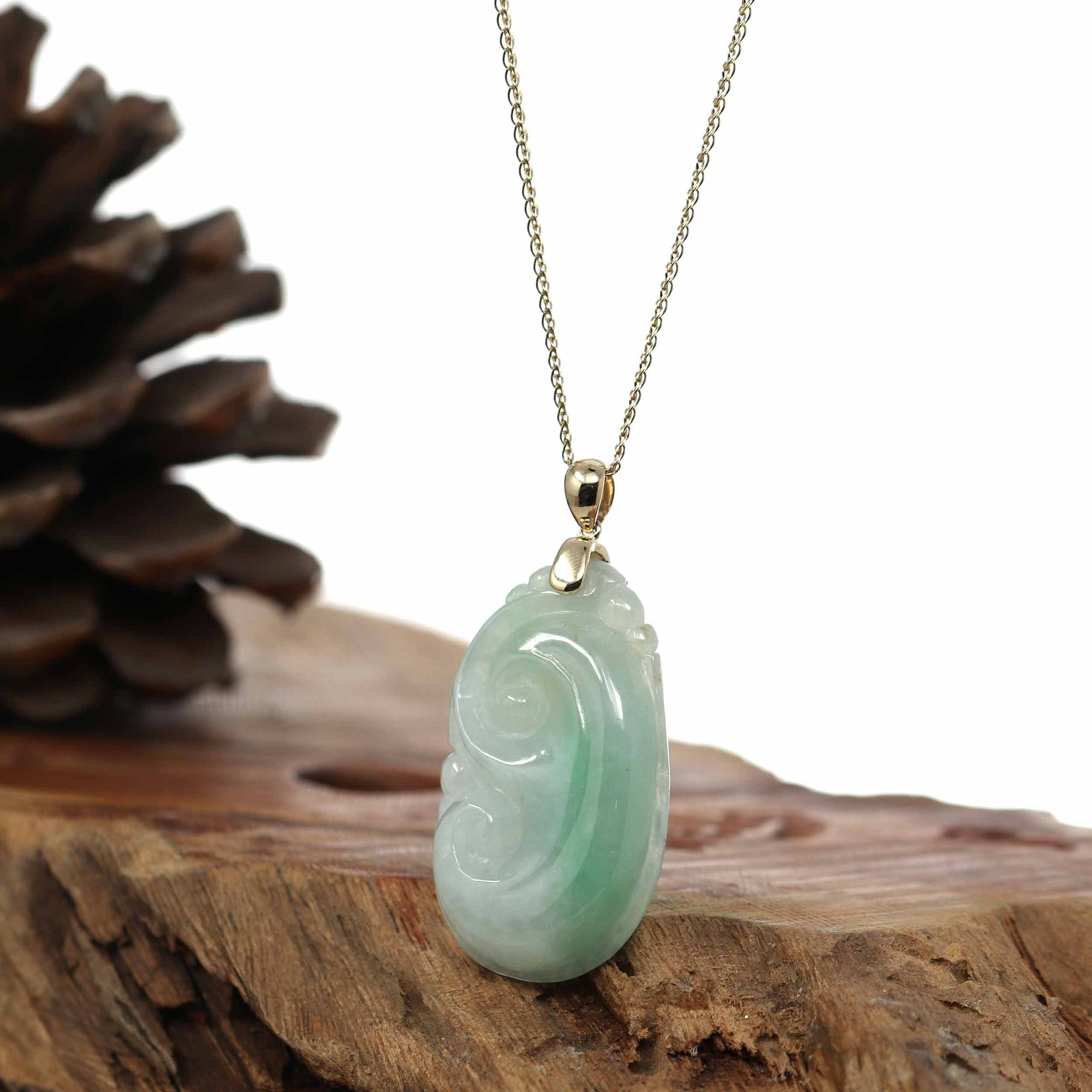 Baikalla Jewelry Jade Guanyin Pendant Necklace Genuine Green Jadeite Jade RuYi ( Wang Shi Ru Yi ) Pendant Necklace With 14K Yellow Gold Bail