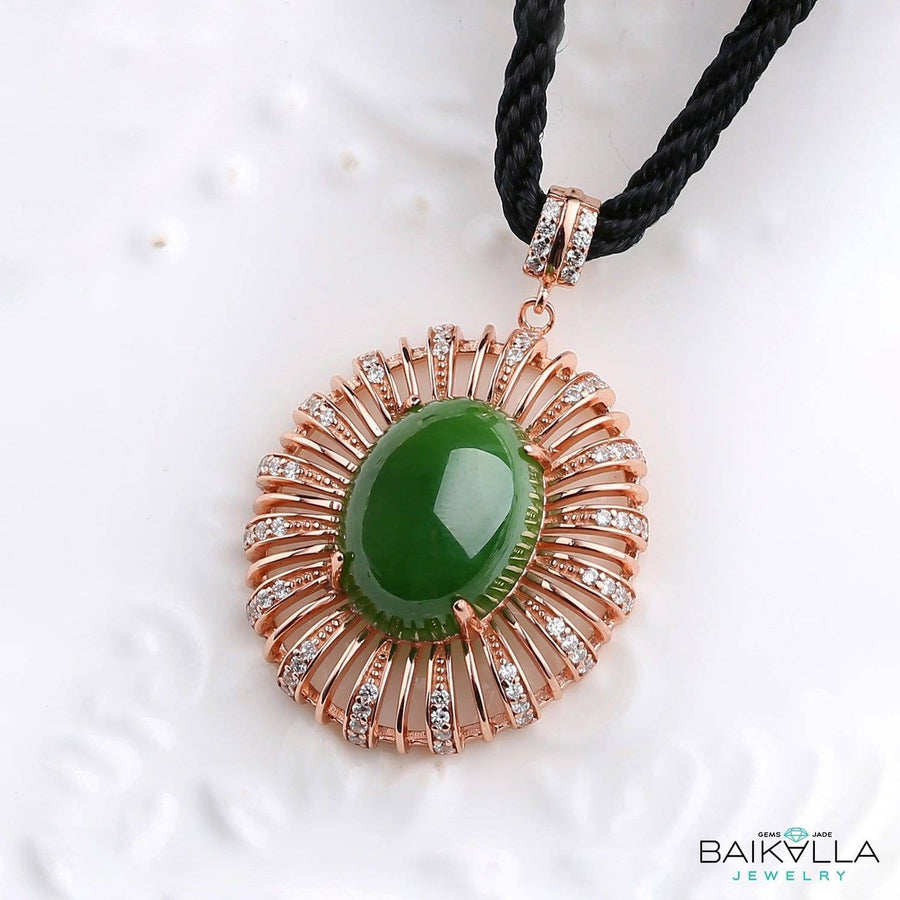 Baikalla Jewelry Silver Gemstone Necklace Rose Gold Plated Sterling Silver Genuine Nephrite Green Jade Pendant