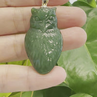 Baikalla Genuine Green Nephrite Jade Lucky Owl Pendant Necklace With 14k Yellow Gold Bail
