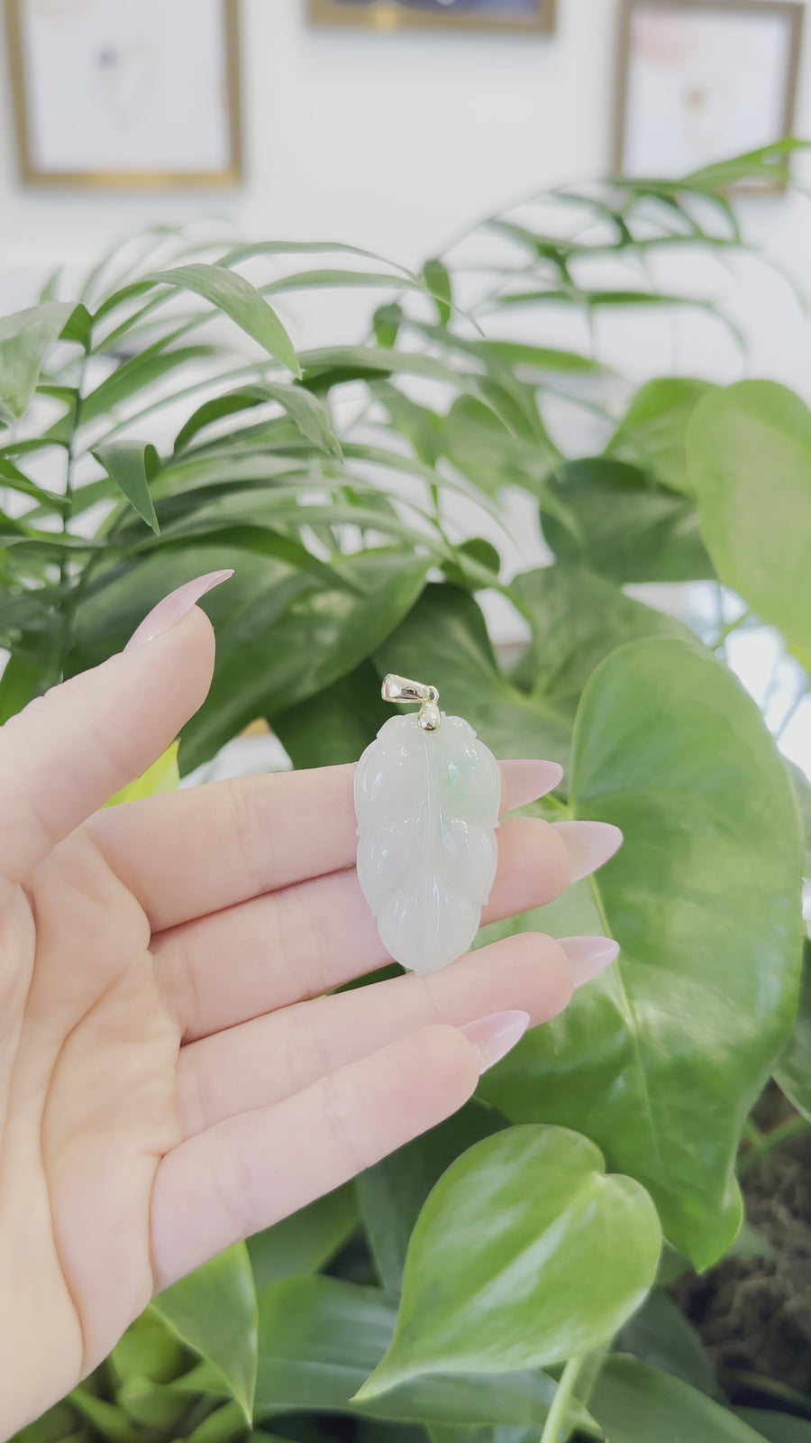 Genuine Ice Green Jadeite Jade Jin Zhi Yu Ye (Leaf) Necklace With 14k Yellow Gold Bail