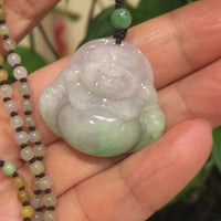 Baikalla™ " Laughing Buddha" Genuine Green and Lavender Jadeite Buddha Pendant Necklace With Jadeite Beads Necklace