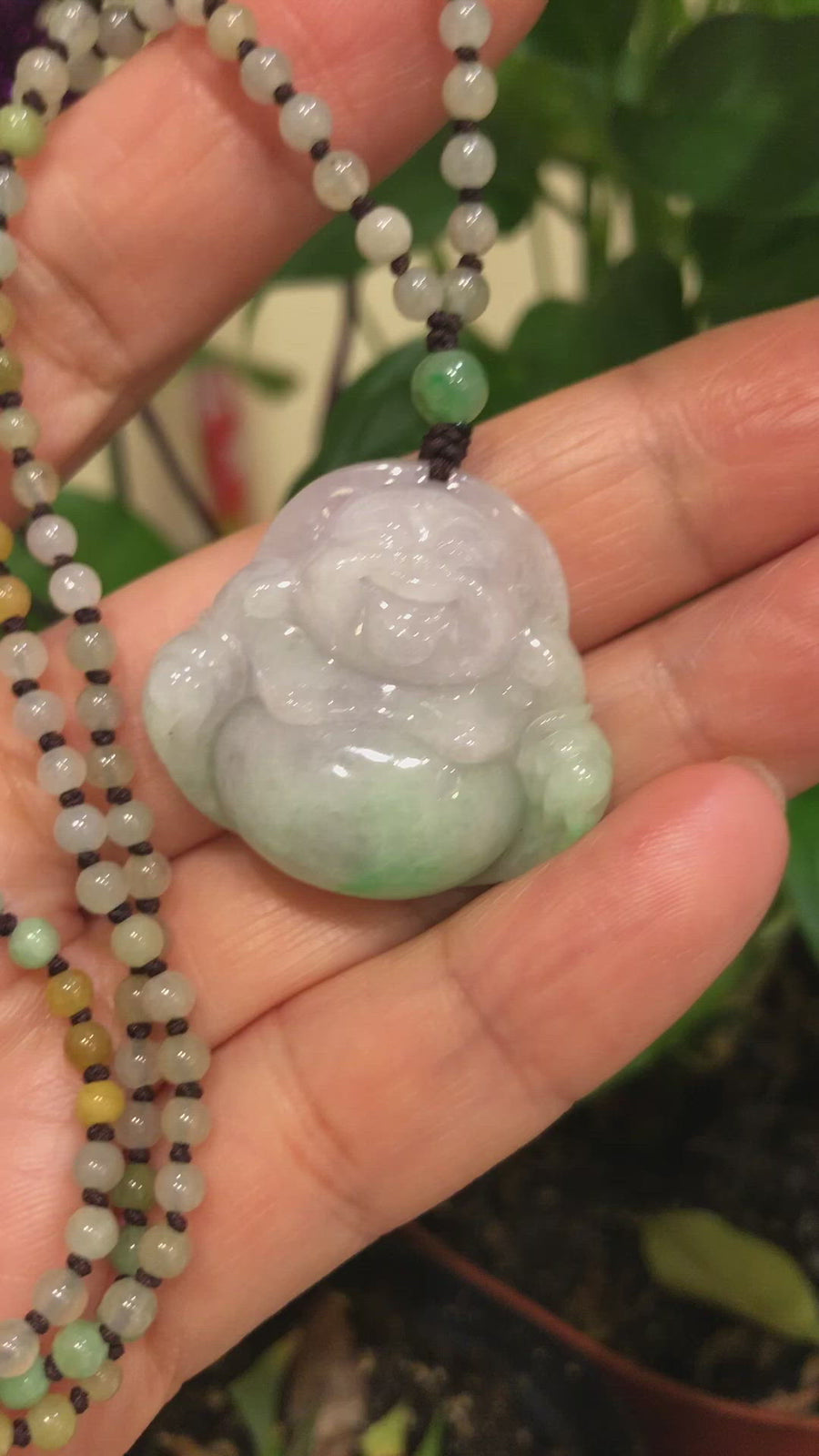 Baikalla™ " Laughing Buddha" Genuine Green and Lavender Jadeite Buddha Pendant Necklace With Jadeite Beads Necklace