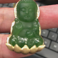 14K Yellow Gold Genuine Nephrite Green Jade GuanYin Baby Buddha Pendant Necklace