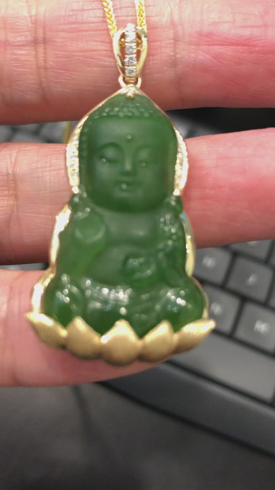 14K Yellow Gold Genuine Nephrite Green Jade GuanYin Baby Buddha Pendant Necklace