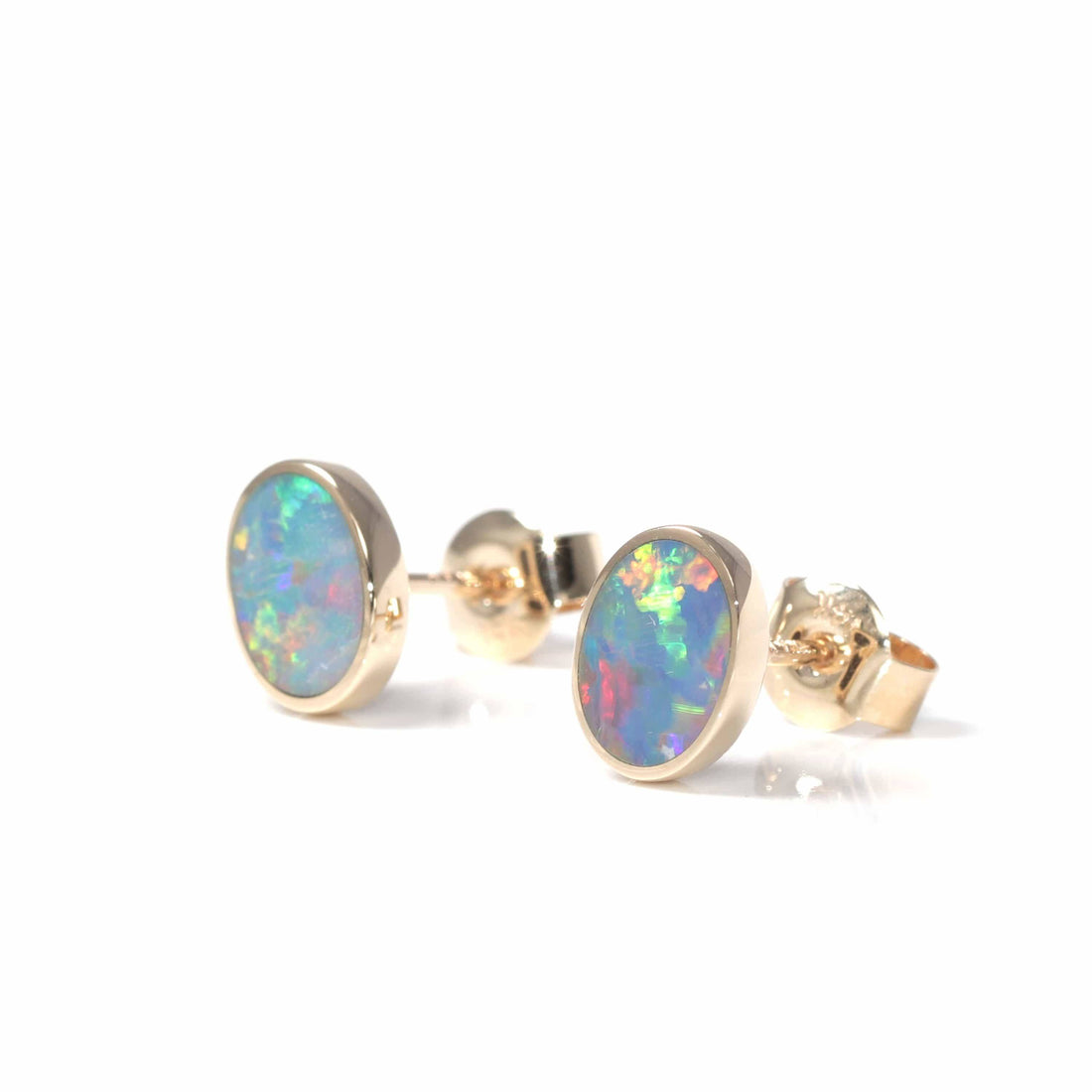 Baikalla Jewelry Gold Gemstone Earrings Baikalla™ 14k Yellow Gold Natural Oval Australian Blue Opal Bezel Set Earrings