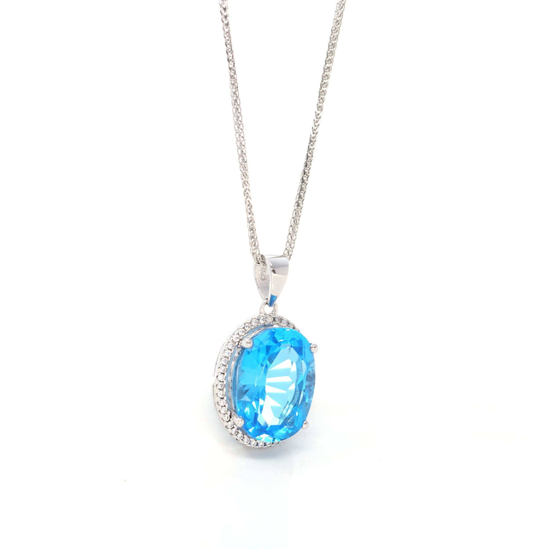 Baikalla Jewelry Silver Topaz Necklace Sterling Silver Natural Topaz Large Pendant Necklace With CZ