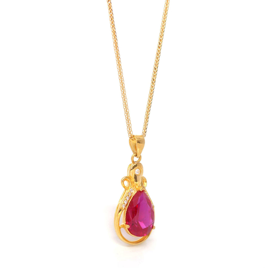 Baikalla Jewelry gemstone jewelry 24k Yellow Gold Lab Created Ruby & CZ Pendant Necklace