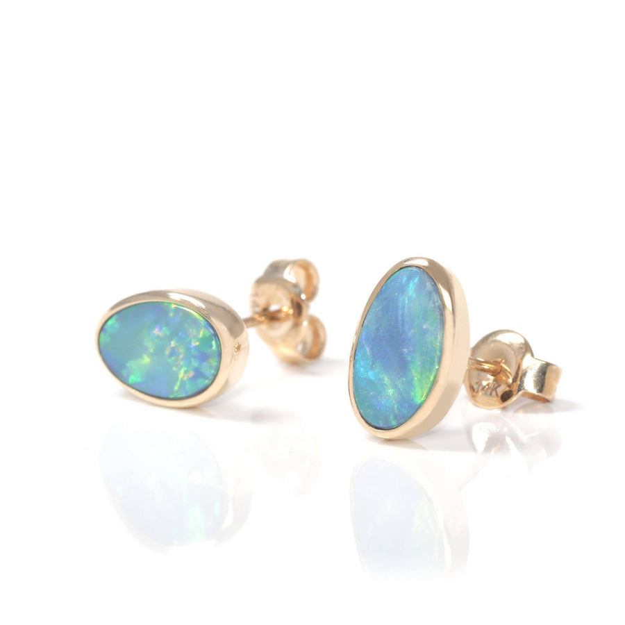 Baikalla Jewelry Gold Gemstone Earrings Baikalla™ 14k Yellow Gold Natural Freeform Australian Blue Opal Bezel Set Earrings