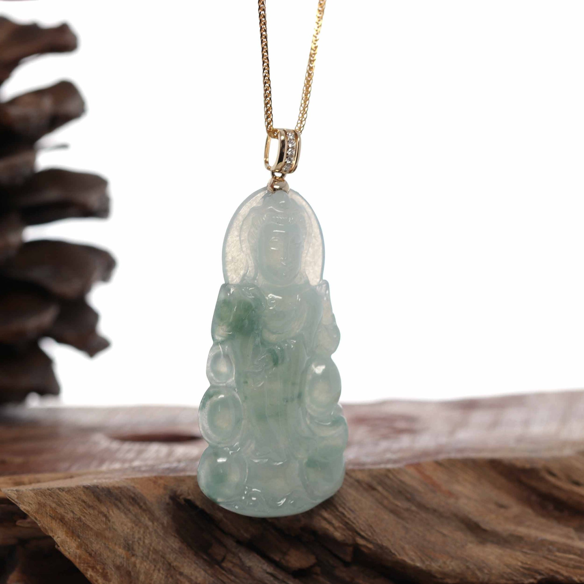 Baikalla Jewelry Jade Guanyin Pendant Necklace Baikalla 14k Yellow Gold "Goddess of Compassion" Genuine Ice Burmese Jadeite Jade Guanyin Necklace With Gold Bail