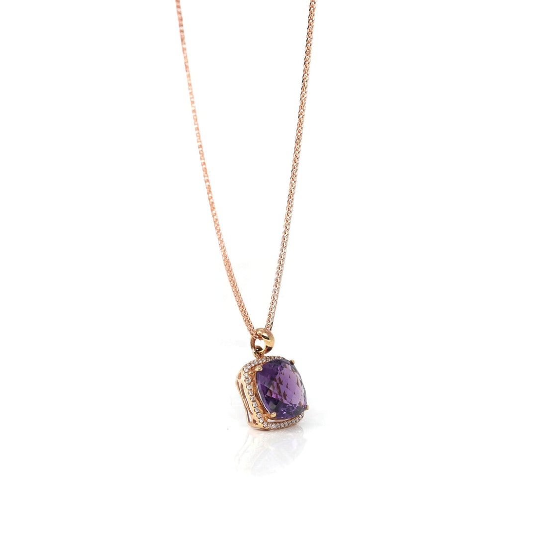 Baikalla Jewelry Gemstone Pendant Necklace 18K Rose Gold AA Royal Amethyst Cushion Cut Pendant Necklace With Diamonds