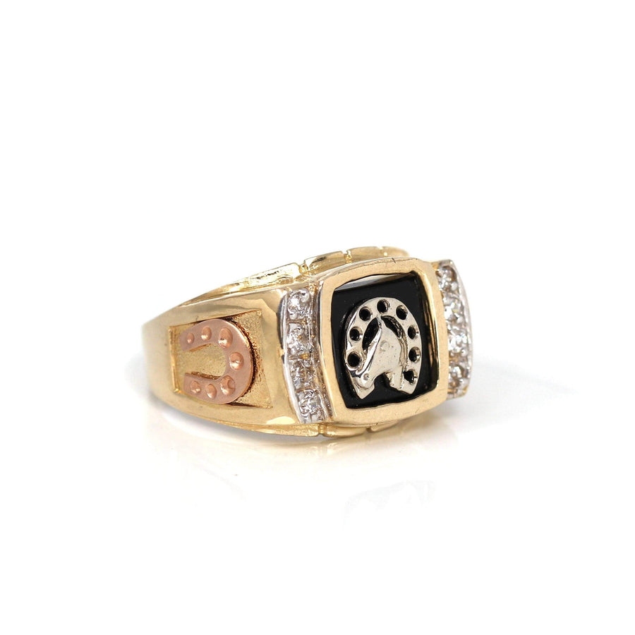 Baikalla Jewelry Gold Diamond Men's Ring 9 14k Yellow Gold Horseshoe Men's Ring With Diamond