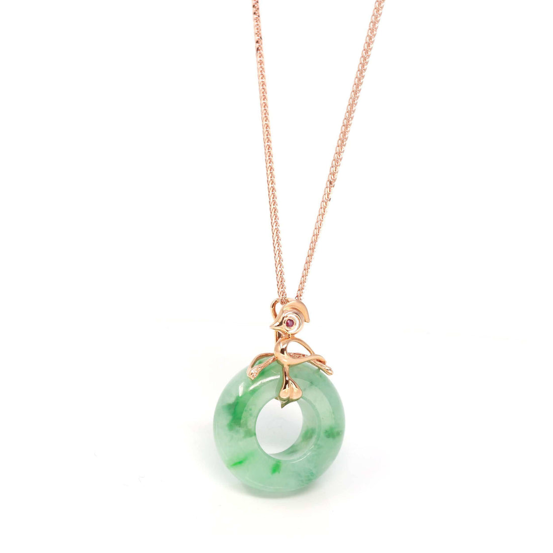 Baikalla Jewelry 18k Gold Jadeite Necklace Baikalla™ "Good Luck Birdie" 18k Rose Gold Genuine Burmese Jadeite Lucky Pendant Necklace With AA Ruby & Diamond