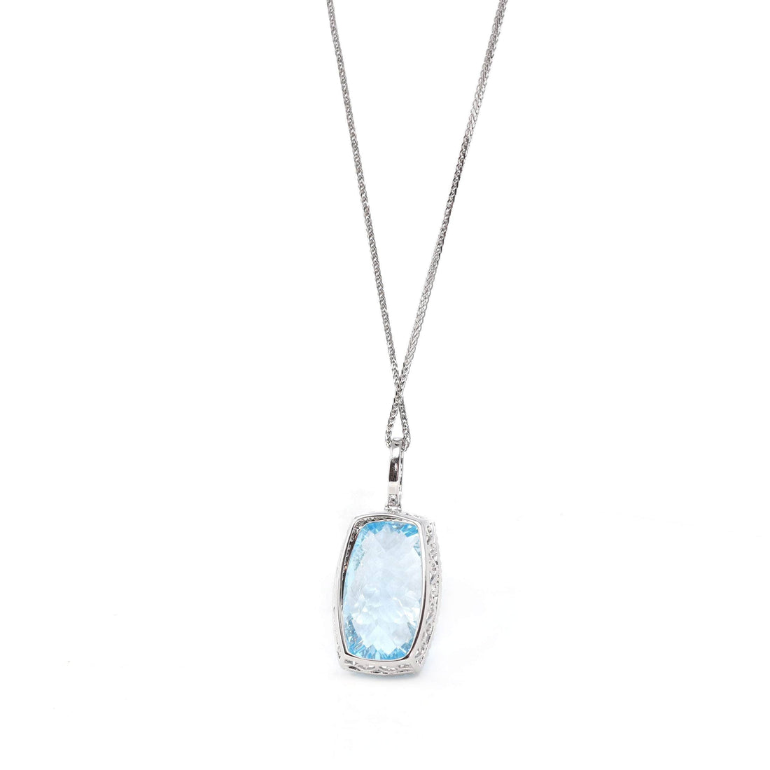 Baikalla Jewelry Gemstone Pendant Necklace 14k White Gold Natural Swiss Blue Topaz Elongated Cushion Necklace With Diamonds