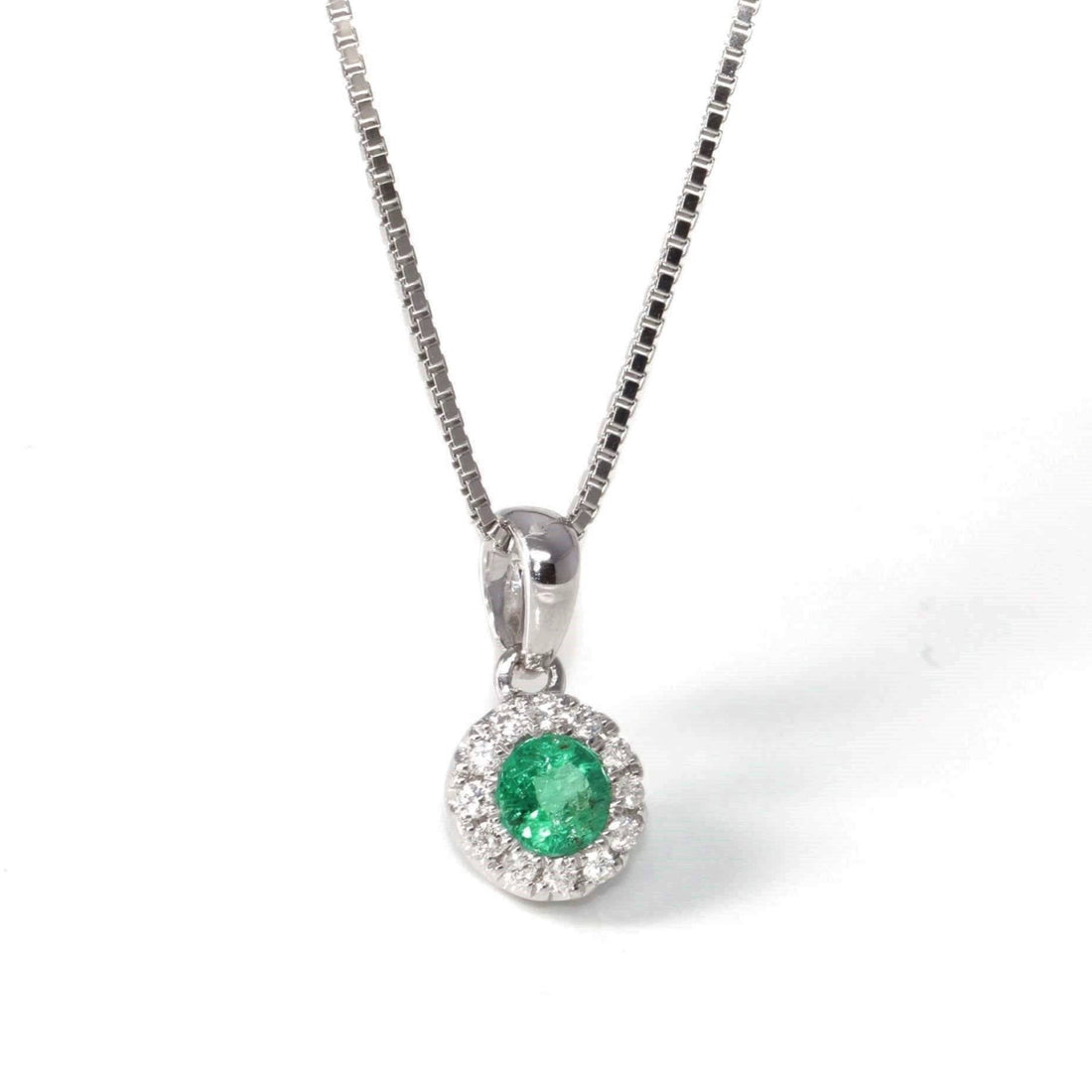 Baikalla Jewelry Gemstone Pendant Necklace Baikalla™ 14k White Gold Emerald Round 4 Prong Set Necklace With Diamond Halo