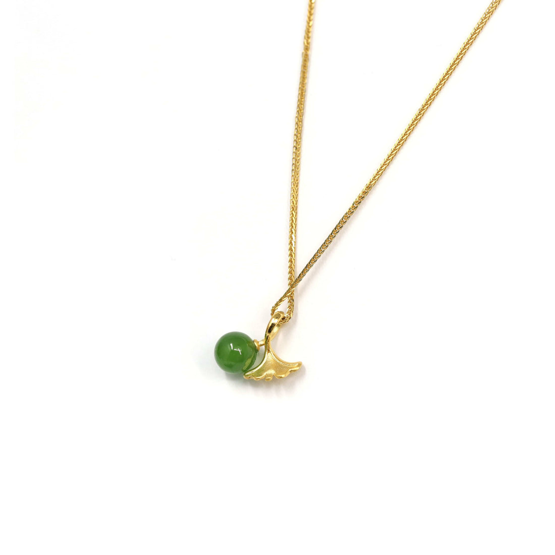 Baikalla Jewelry Gold Jade Necklace 24k Yellow Gold Genuine Green Jade Bead With Leaf Pendant Necklace