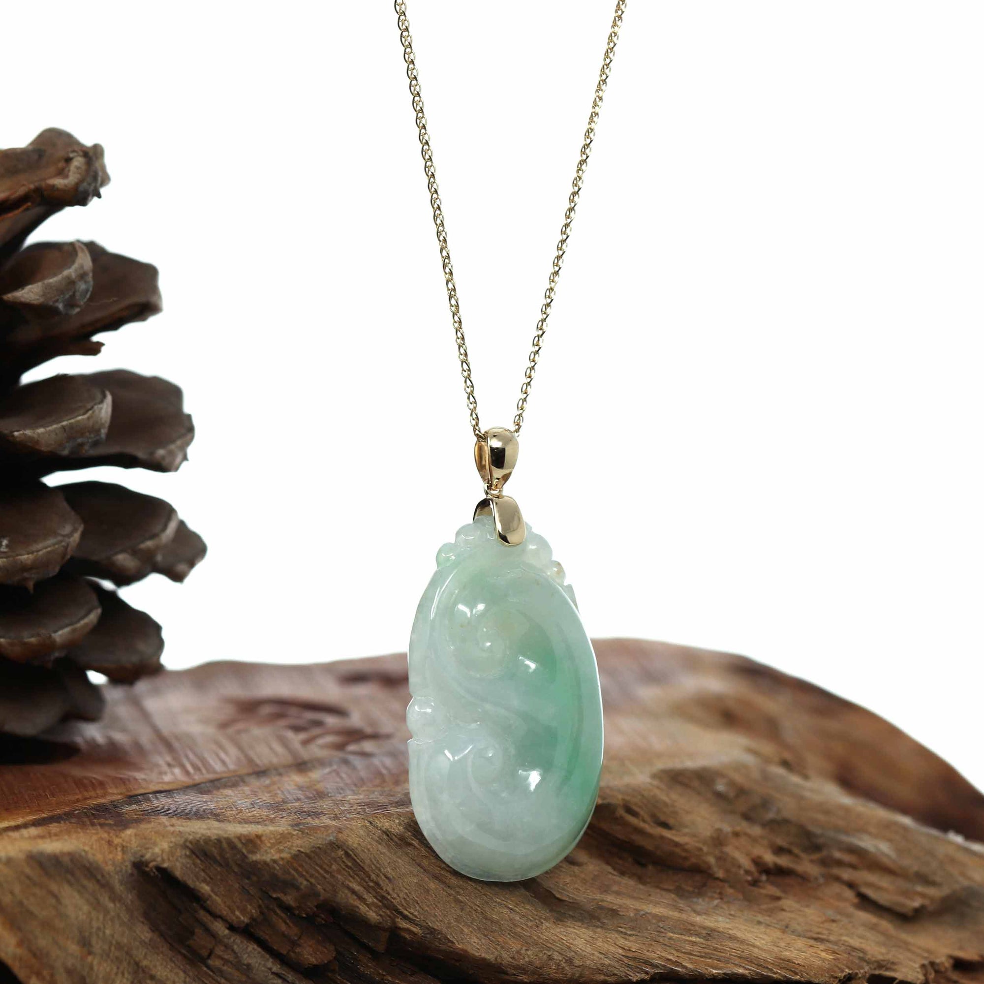 Baikalla Jewelry Jade Guanyin Pendant Necklace Genuine Green Jadeite Jade RuYi ( Wang Shi Ru Yi ) Pendant Necklace With 14K Yellow Gold Bail