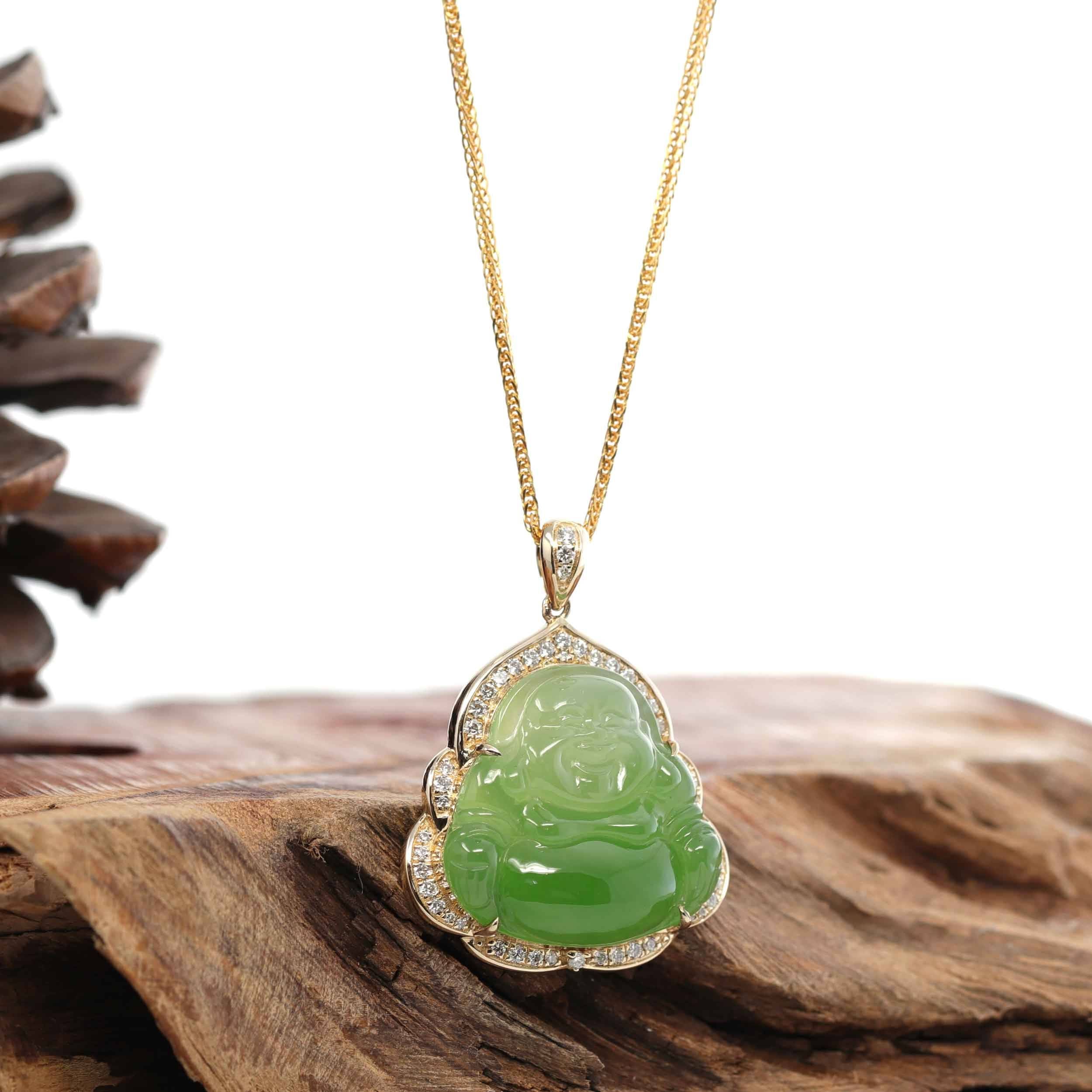 Genuine Apple Green Jade Happy Buddha Pendant Necklace | Sterling