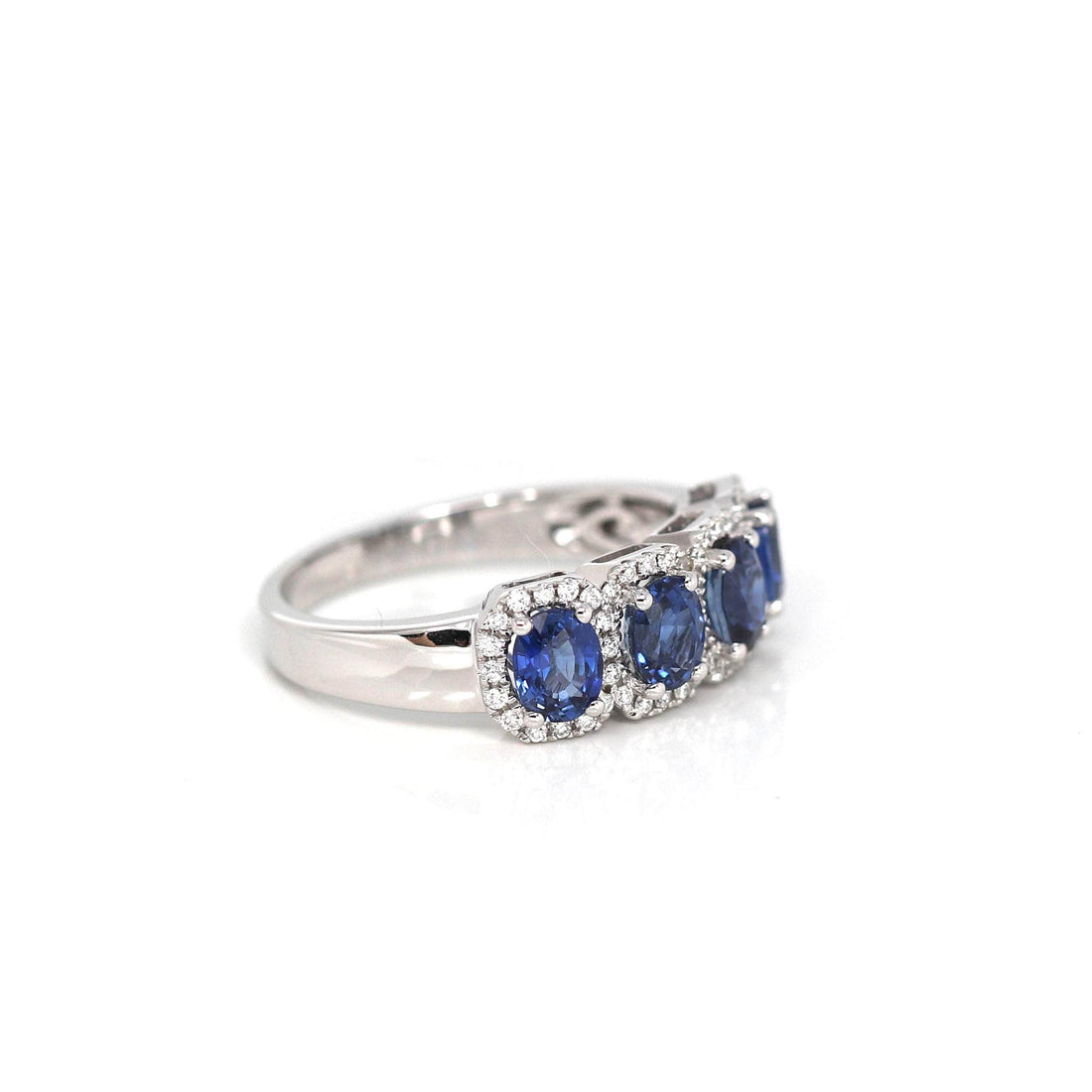Baikalla Jewelry Gold Sapphire Ring 5 18k White Gold Natural Blue Sapphire Four Stones Set Band Ring with Diamonds