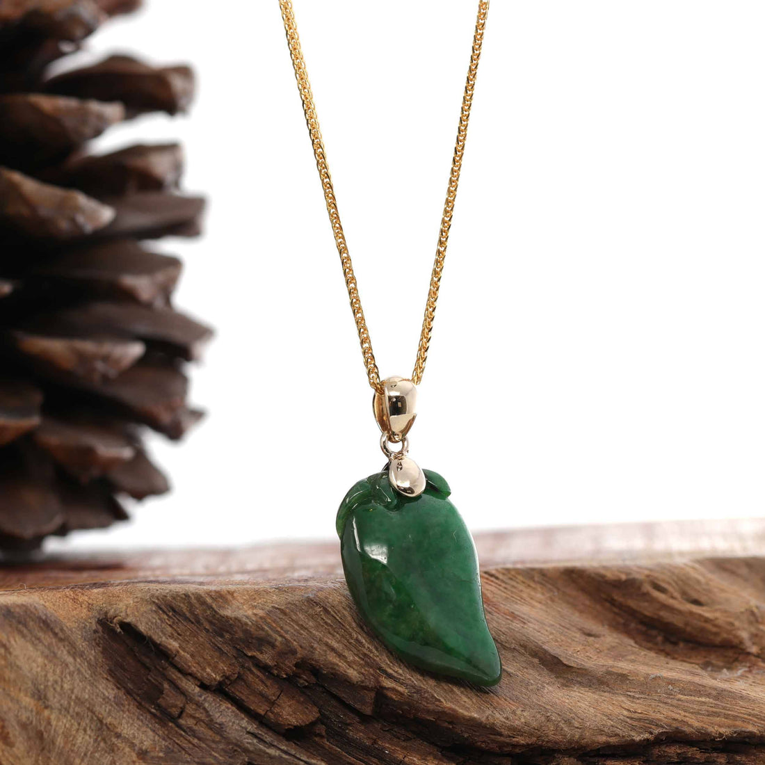 Baikalla Jewelry Jade Pendant 14k Yellow Natural Jadeite "Longevity Peach" ShouTao Necklace With Diamond Bail