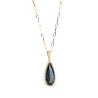 Baikalla Jewelry Gemstone Pendant Necklace 18k Yellow Gold Natural Navy Blue Topaz Pear Cut Necklace With Diamonds