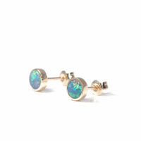 Baikalla Jewelry Gold Gemstone Earrings 14k Yellow Gold Baikalla™ 14k Natural Round Australian Blue Opal Bezel Set Earrings