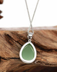 Baikalla Jewelry Gold Jade Pendant 14K Gold Genuine Green Apple Green Jade Tear Drop Diamond Cut Pendant Necklace