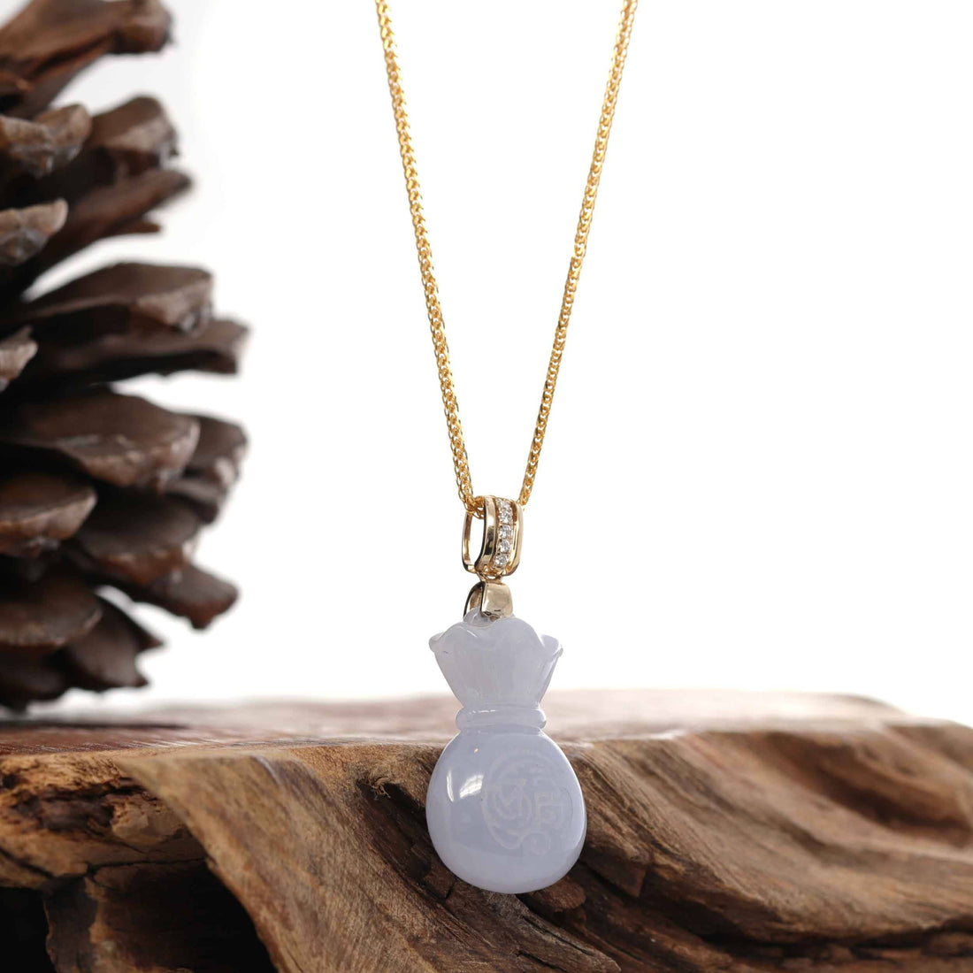 Baikalla Jewelry Jade Pendant Natural Ice Lavender Jadeite Jade "Lucky Money Sack" Necklace With 14k Yellow Gold Diamond Bail