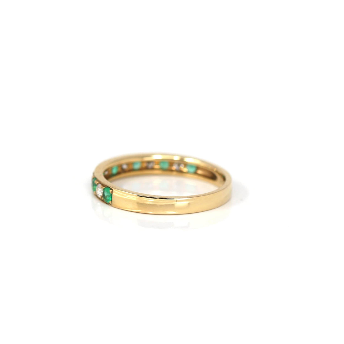 Baikalla Jewelry Gold Emerald Ring 18k Yellow Gold Natural Emerald Seven Stones Set Band Ring with Diamonds