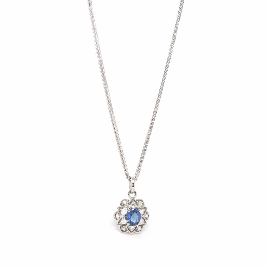 Baikalla Jewelry gemstone jewelry 14k White Gold Natural Blue Sapphire Flower Necklace With Diamond