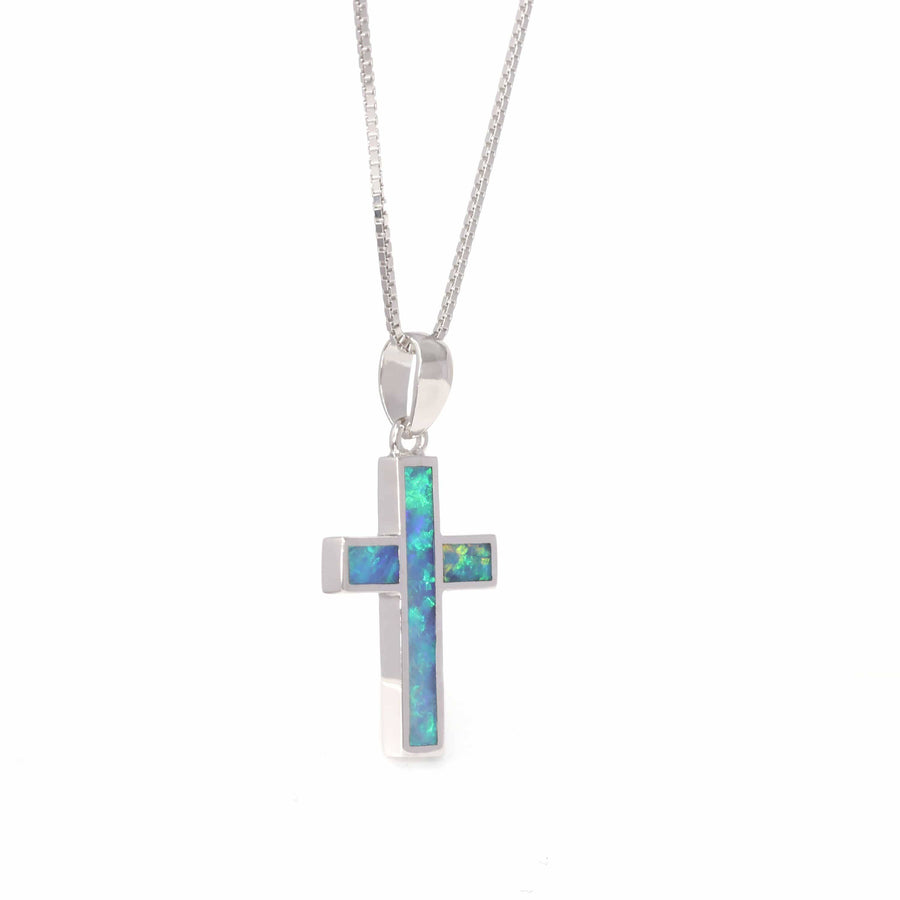 Baikalla Jewelry Gemstone Pendant Necklace Blue Opal Baikalla™ Sterling Silver Freeform Australian Blue Natural Opal Bezel Set Cross Necklace