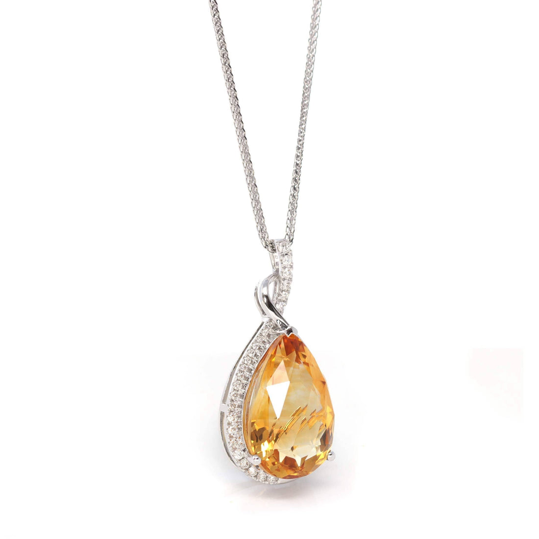 Baikalla Jewelry Gemstone Pendant Necklace 14k White Gold AA Citrine Tear Drop Necklace with Diamonds