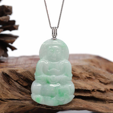 Baikalla Jewelry Jade Guanyin Pendant Necklace Nylon String Necklace 14k White Gold "Goddess of Compassion" Genuine Green Jadeite Jade Guanyin Necklace With Gold Diamond Bail