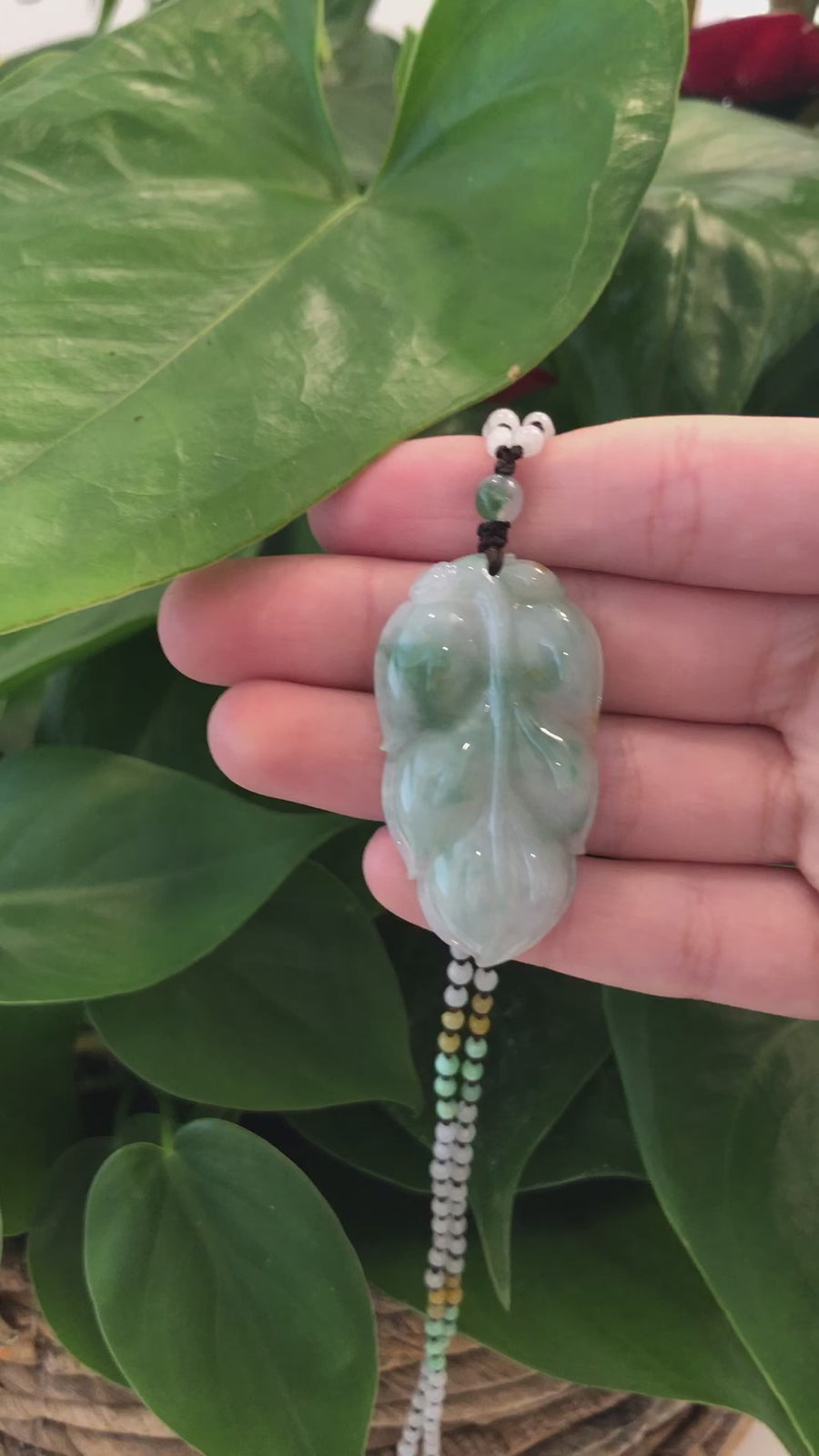 Genuine Ice Blue-Green Jadeite Jade "Good Fortune Leaf" Pendant Necklace With Real Jadeite Bead Necklace