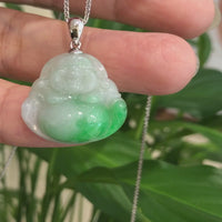 Baikalla™ "Laughing Buddha" Genuine Vibrant Green Jadeite Buddha Pendant Necklace With 14k White Gold Bail