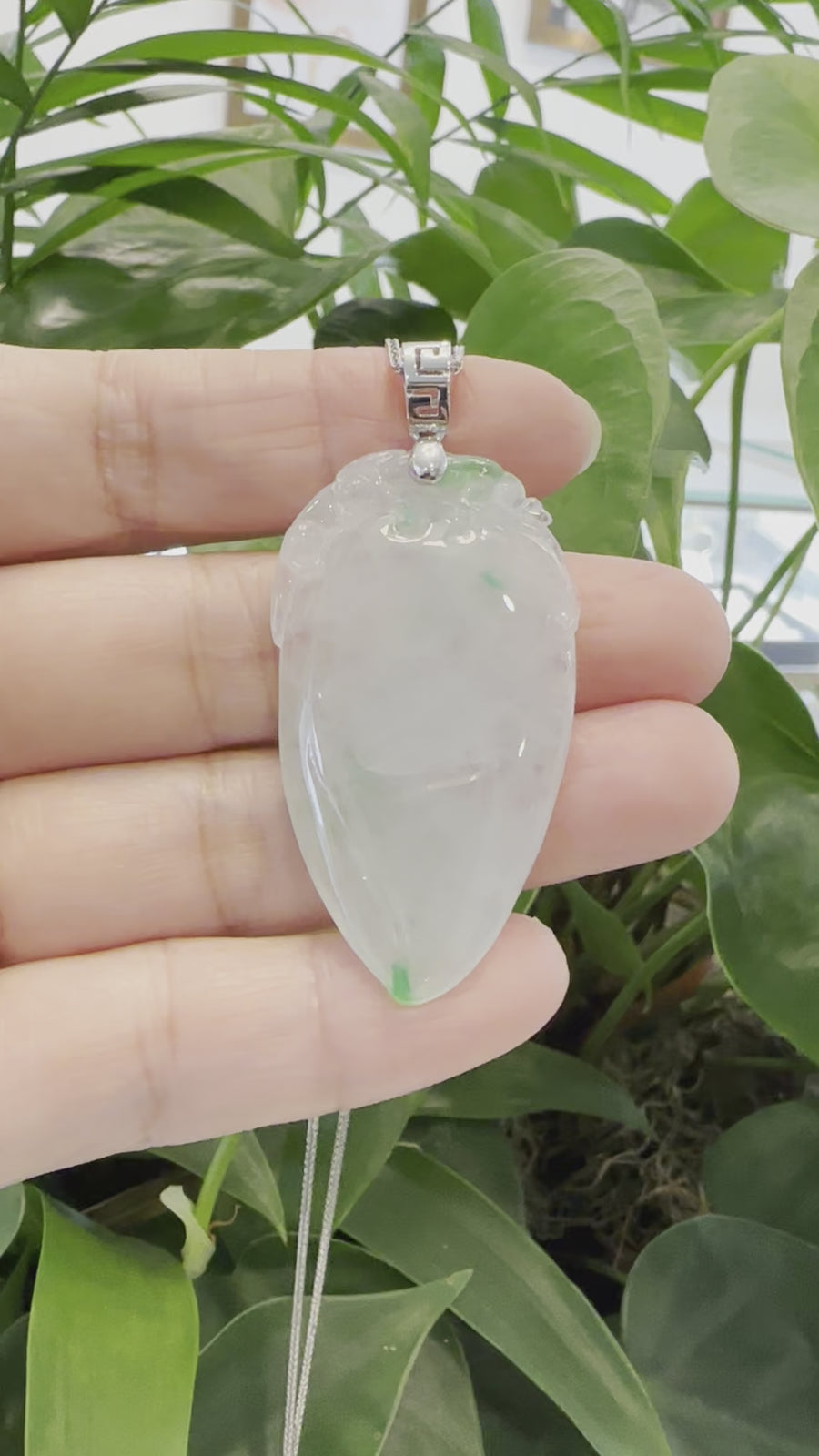 Natural Ice Green Jadeite Jade Shou Tao ( Longevity Peach ) Necklace With 14k White Gold Bail