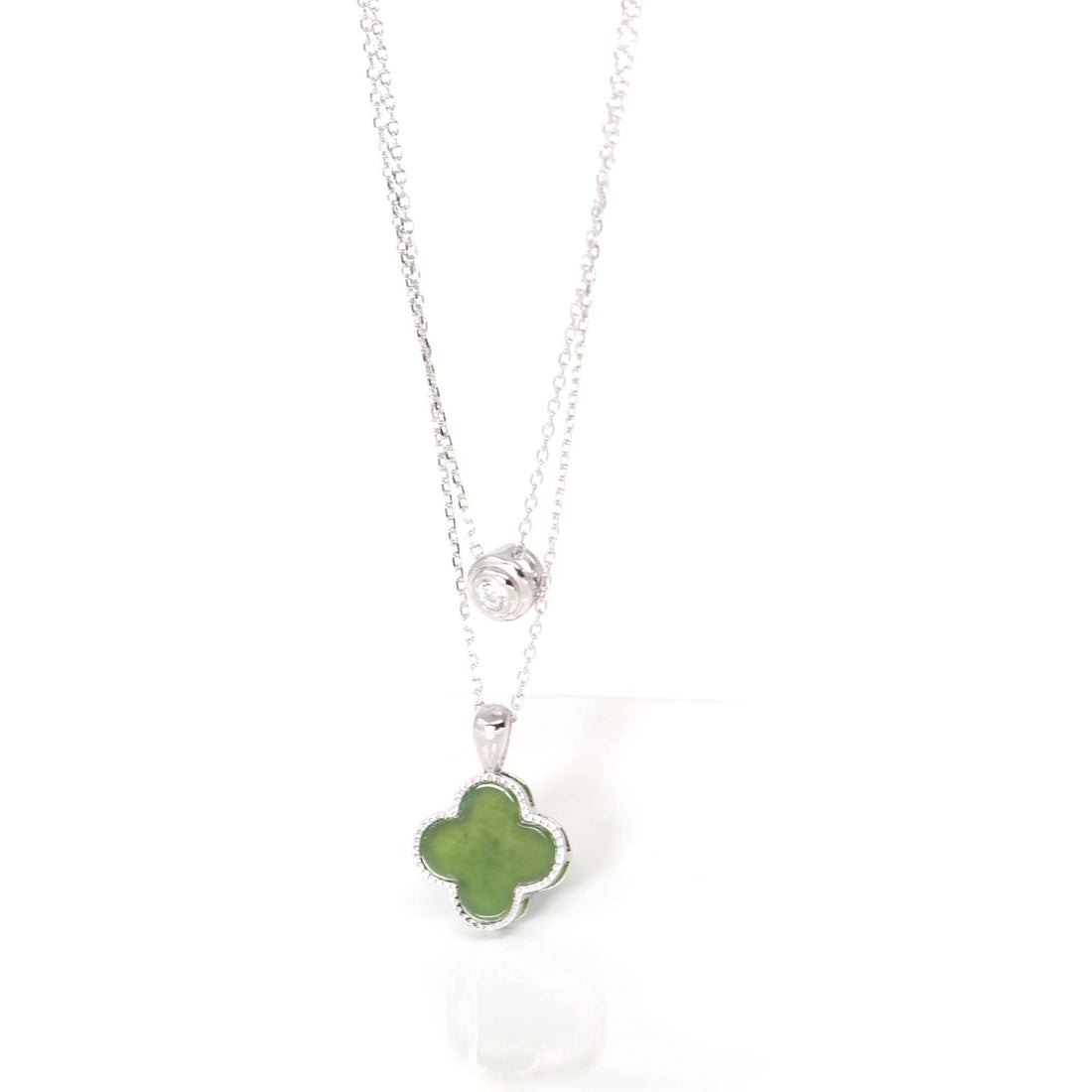 Baikalla Jewelry Silver Jade Pendant Necklace Baikalla™ Sterling Silver Real Green Nephrite Jade Lucky Four Leaf Clover Ring