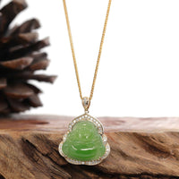 Baikalla Jewelry Gold Jade Buddha Baikalla "Laughing Buddha" 14k Gold Genuine Nephrite Apple Green Jade with VS1 Diamonds